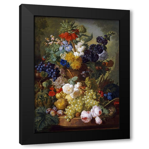 A Still Life of Flowers and Fruit Black Modern Wood Framed Art Print by Van Os, Jan