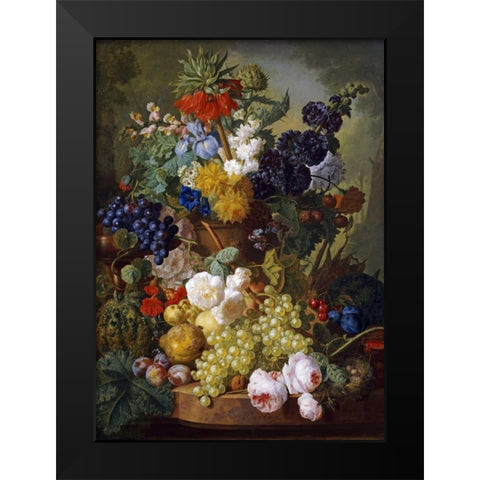 A Still Life of Flowers and Fruit Black Modern Wood Framed Art Print by Van Os, Jan