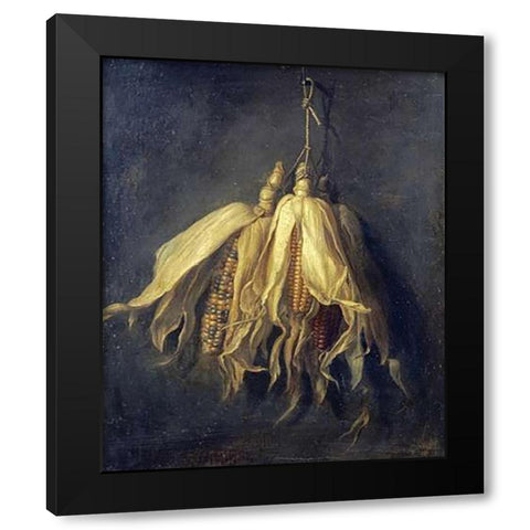 Three Corncobs Hanging From a Nail Black Modern Wood Framed Art Print by Spaendonck, Cornelis Van