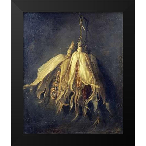 Three Corncobs Hanging From a Nail Black Modern Wood Framed Art Print by Spaendonck, Cornelis Van