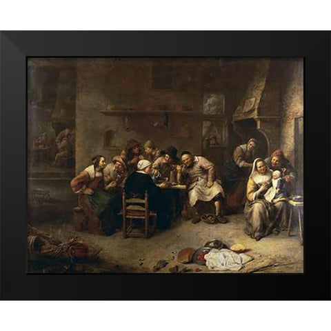 Peasants Drinking and Smoking In An Inn Black Modern Wood Framed Art Print by Van Tilborch, Gillis