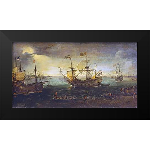 3 Master Firing a Saluted Black Modern Wood Framed Art Print by Van Wieringen, Cornelis Claesz