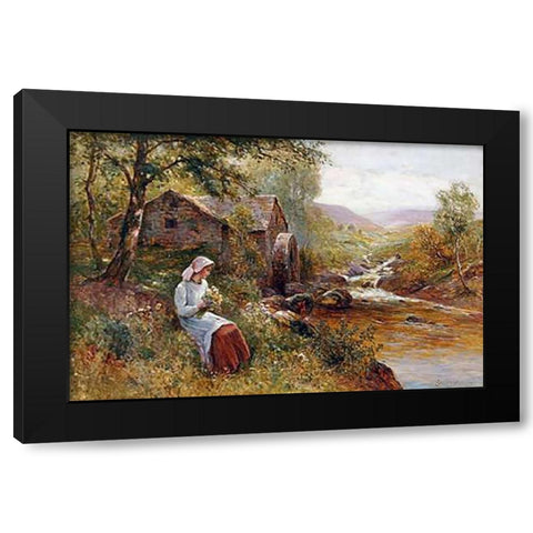 A Young Girl Picking Spring Flowers Black Modern Wood Framed Art Print by Walbourn, Ernest