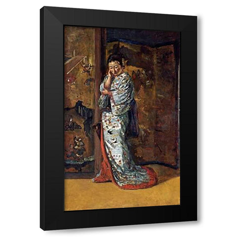 A Japanese Woman In An Interior Black Modern Wood Framed Art Print with Double Matting by Wirgman, Charles