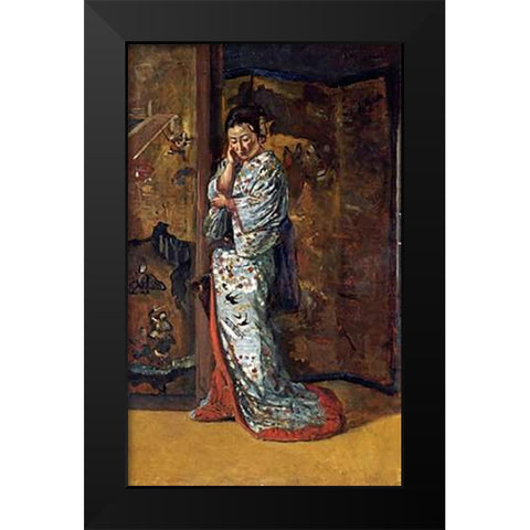 A Japanese Woman In An Interior Black Modern Wood Framed Art Print by Wirgman, Charles