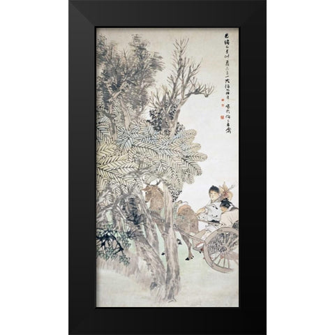Deer Pulling a Chariot Black Modern Wood Framed Art Print by Yi, Ren