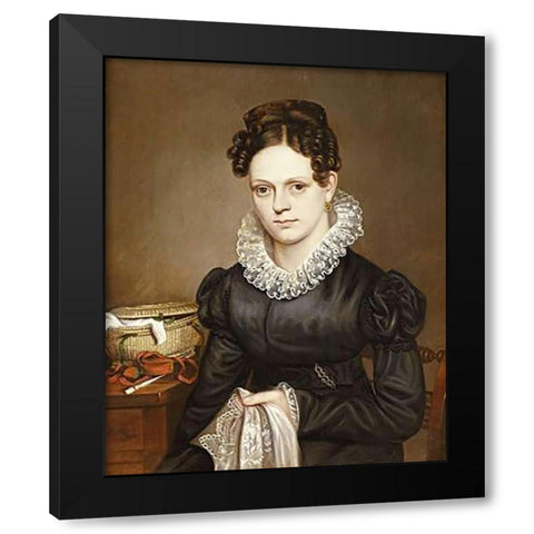 Portrait of a Lady With a Sewing Basket Black Modern Wood Framed Art Print by American School