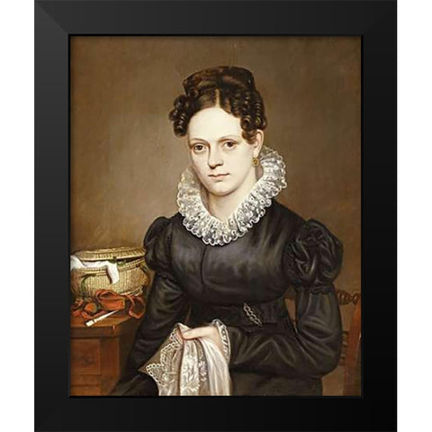 Portrait of a Lady With a Sewing Basket Black Modern Wood Framed Art Print by American School