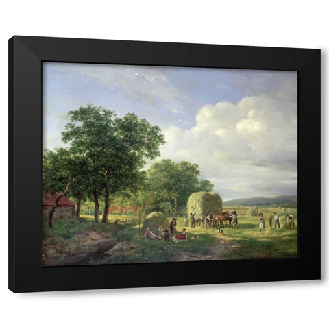 A Wooded Landscape With Haymakers Black Modern Wood Framed Art Print with Double Matting by Van De Sande Bakhuyzen, Hendrik