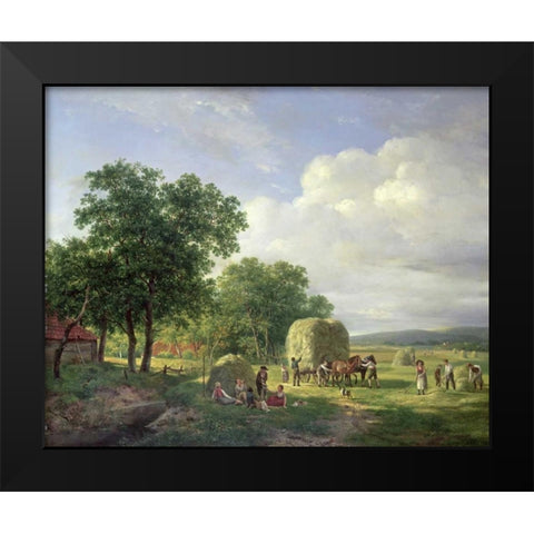 A Wooded Landscape With Haymakers Black Modern Wood Framed Art Print by Van De Sande Bakhuyzen, Hendrik