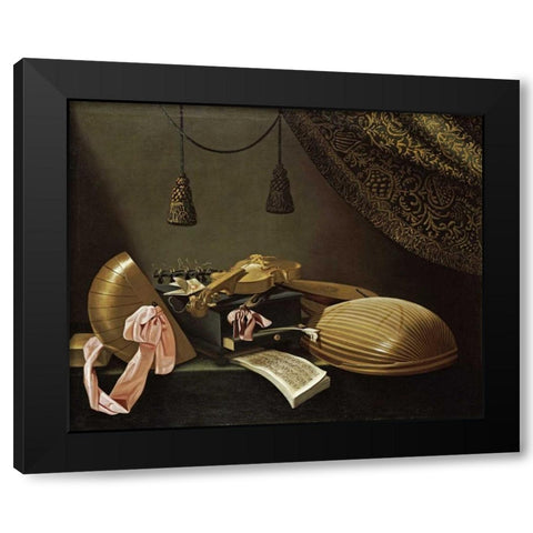 Lutes and Violin on a Table Black Modern Wood Framed Art Print with Double Matting by Baschenis, Evaristo