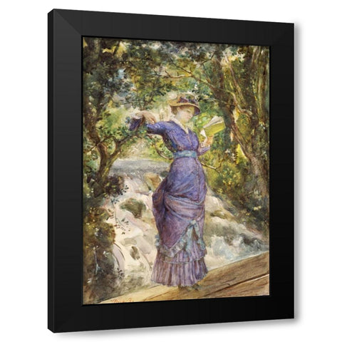 Girl Reading By a Waterfall Black Modern Wood Framed Art Print with Double Matting by Bashkirtseva, Maria Konstantinovna