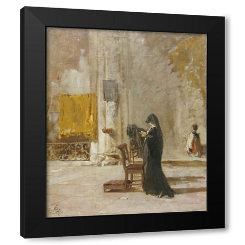 A Lady Praying In Church Black Modern Wood Framed Art Print by Bianchi, Mose