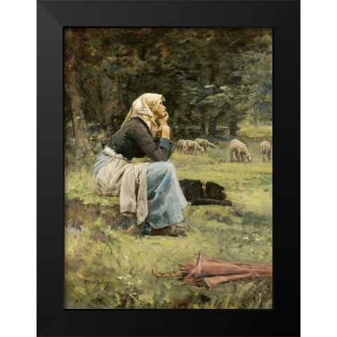 A Young Shepherdess Black Modern Wood Framed Art Print by Billet, Pierre