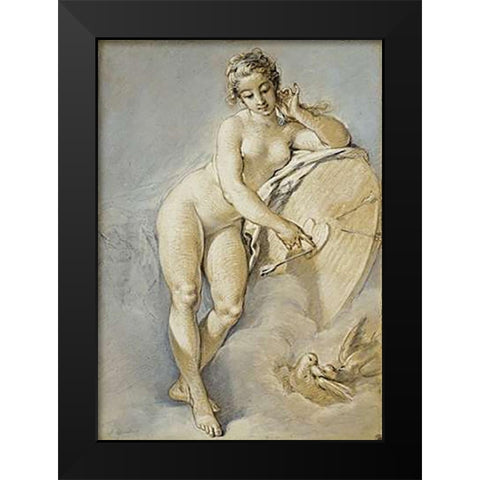 Venus Standing, Gesturing Towards a Heart On a Targe With Two Doves Black Modern Wood Framed Art Print by Boucher, Francois
