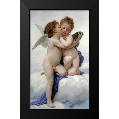 The First Kiss Black Modern Wood Framed Art Print by Bouguereau, William-Adolphe