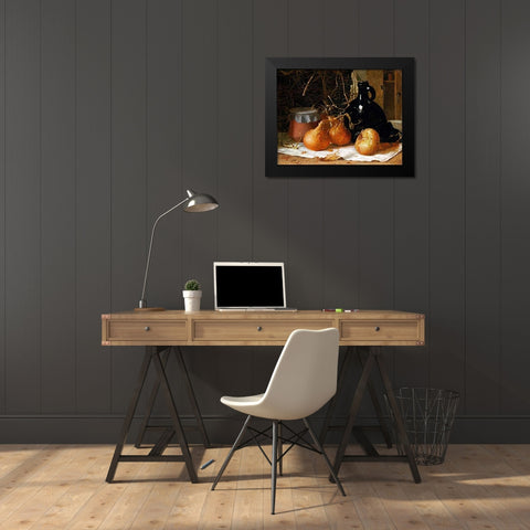 Onions, a Jug and a Ceramic Pot On a Tablecloth Black Modern Wood Framed Art Print by Brooker, Harry