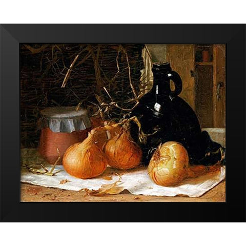Onions, a Jug and a Ceramic Pot On a Tablecloth Black Modern Wood Framed Art Print by Brooker, Harry