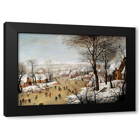 A Winter Landscape With Skaters and a Bird Trap Black Modern Wood Framed Art Print by Bruegel, Pieter the Elder