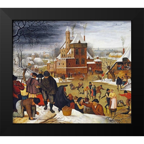 Townsfolk Skating On a Castle Moat Black Modern Wood Framed Art Print by Bruegel, Pieter the Elder