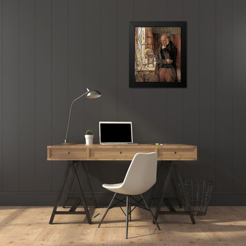 Our Village Clockmaker Solving a Problem Black Modern Wood Framed Art Print by Campbell, James