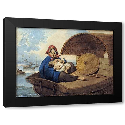A Tanka Woman With Her Child On a Boat Black Modern Wood Framed Art Print by Chinnery, George