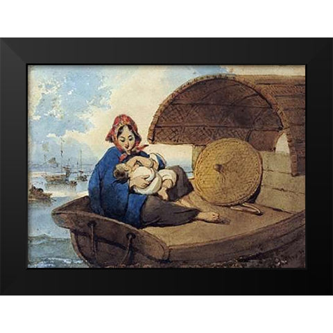 A Tanka Woman With Her Child On a Boat Black Modern Wood Framed Art Print by Chinnery, George