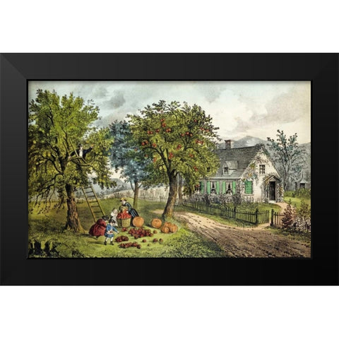 American Homestead; Autumn Black Modern Wood Framed Art Print by Currier and Ives