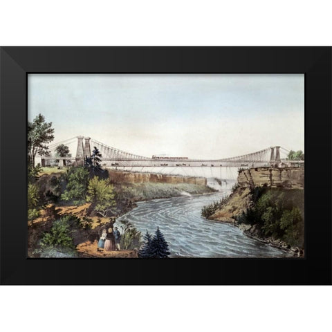The Rail Road Suspension Bridge Black Modern Wood Framed Art Print by Currier and Ives