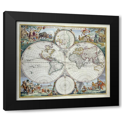 Map of The World Black Modern Wood Framed Art Print by De Wit, Frederick