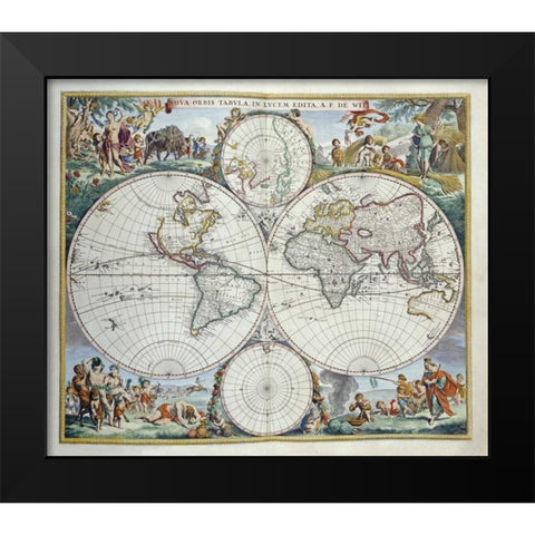 Map of The World Black Modern Wood Framed Art Print by De Wit, Frederick