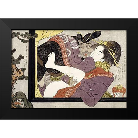 Erotic Scene Black Modern Wood Framed Art Print by School, Eishi