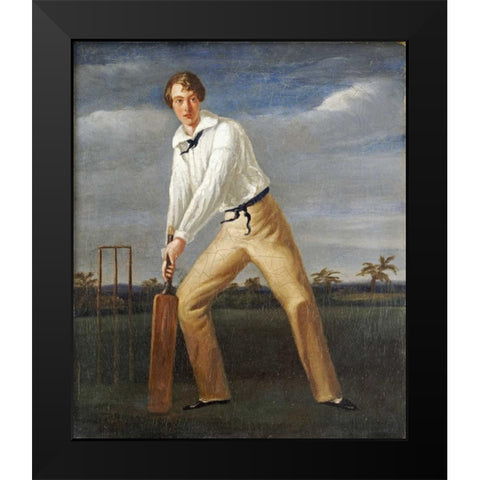 A Cricketer at The Crease Black Modern Wood Framed Art Print by English School
