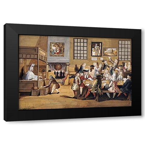 Scene In a London Coffee House Black Modern Wood Framed Art Print by English School