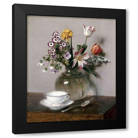 A Vase of Flowers With a Coffee Cup Black Modern Wood Framed Art Print by Latour, Henri Fantin
