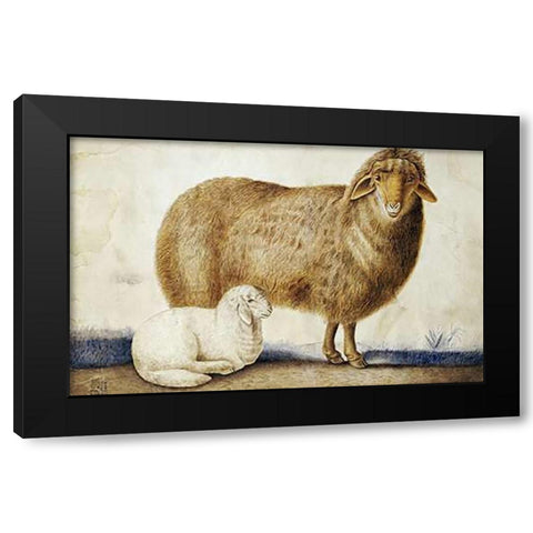 A Ewe and Her Lamb Black Modern Wood Framed Art Print by Ghaffari, Abul Hasan