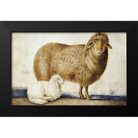 A Ewe and Her Lamb Black Modern Wood Framed Art Print by Ghaffari, Abul Hasan