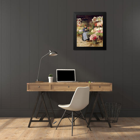 Flower Seller Behind The Madelaine Church Black Modern Wood Framed Art Print by Gilbert, Victor