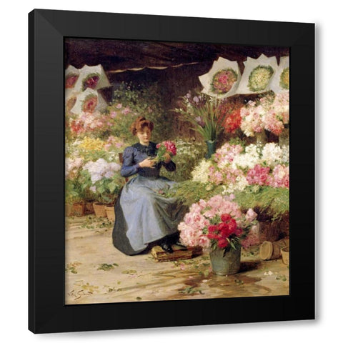 Flower Seller Behind The Madelaine Church Black Modern Wood Framed Art Print by Gilbert, Victor