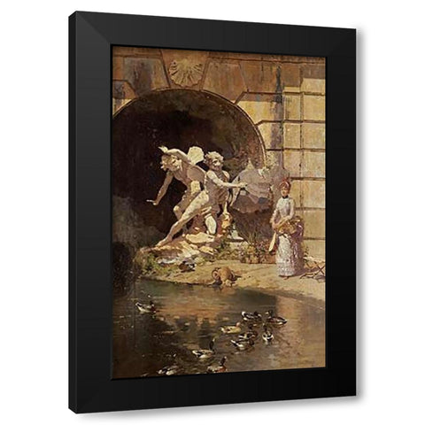 Feeding The Ducks Black Modern Wood Framed Art Print with Double Matting by Giroux, Ernest