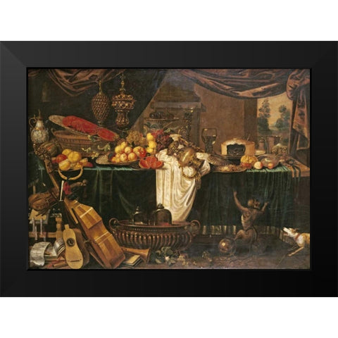 A Banquet Still-Life Black Modern Wood Framed Art Print by Goiber, Jan Frederick
