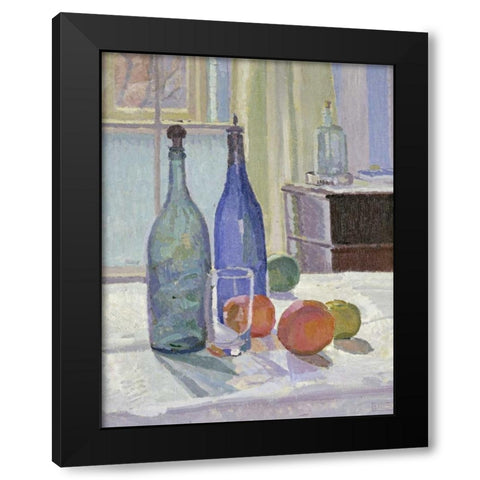 Blue and Green Bottles and Oranges Black Modern Wood Framed Art Print with Double Matting by Gore, Spencer Frederick