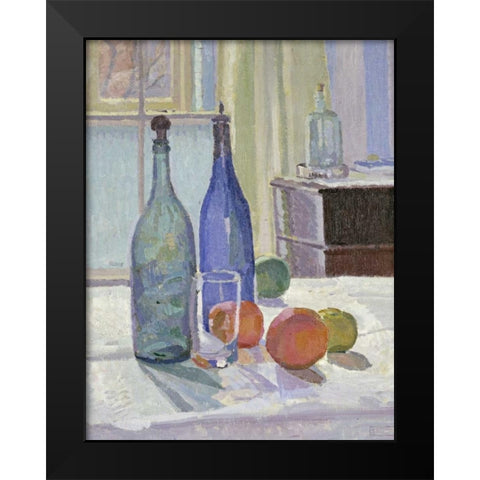 Blue and Green Bottles and Oranges Black Modern Wood Framed Art Print by Gore, Spencer Frederick
