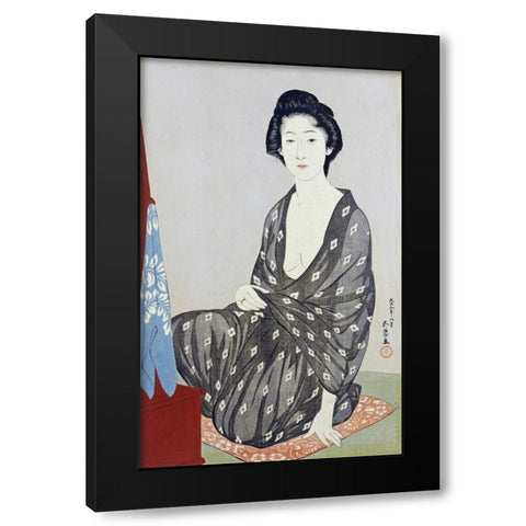 A Beauty In a Black Kimono Black Modern Wood Framed Art Print by Goyo, Hashiguichi
