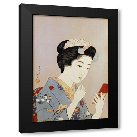 A Maiko Applying Rouge To Her Lips Black Modern Wood Framed Art Print by Goyo, Hashiguichi