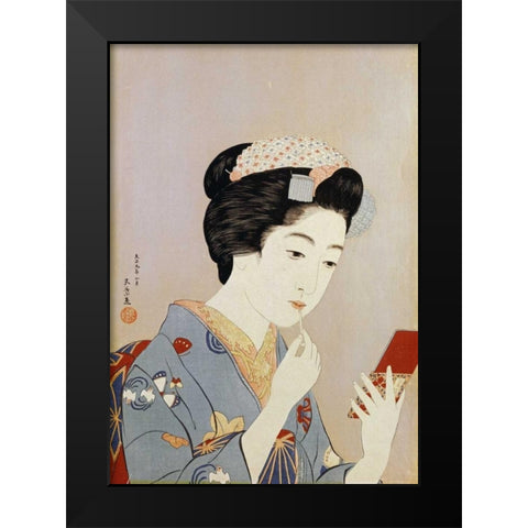 A Maiko Applying Rouge To Her Lips Black Modern Wood Framed Art Print by Goyo, Hashiguichi