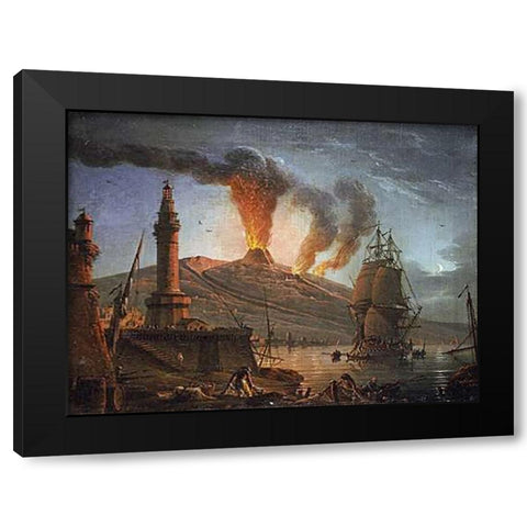 Eruption of Vesuvius at Night Black Modern Wood Framed Art Print by Grenier, Charles-Francois