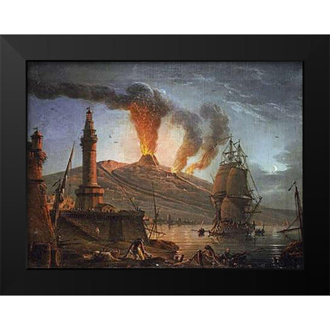 Eruption of Vesuvius at Night Black Modern Wood Framed Art Print by Grenier, Charles-Francois