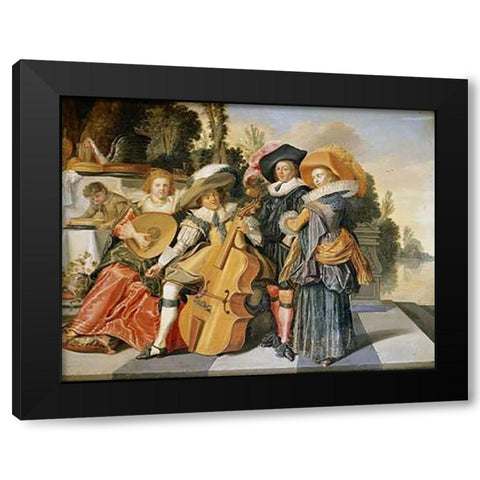Elegant Figures Making Music Black Modern Wood Framed Art Print with Double Matting by Hals, Dirck