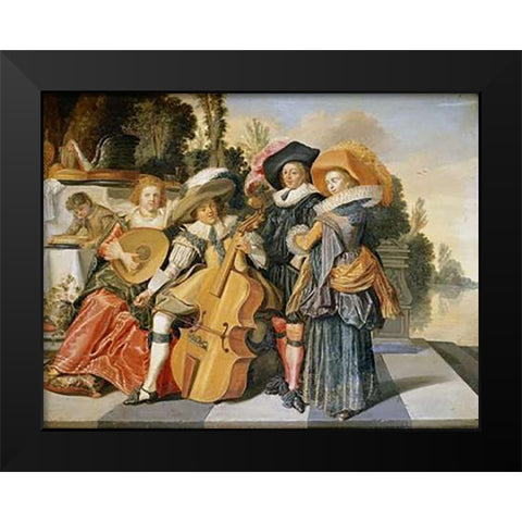 Elegant Figures Making Music Black Modern Wood Framed Art Print by Hals, Dirck